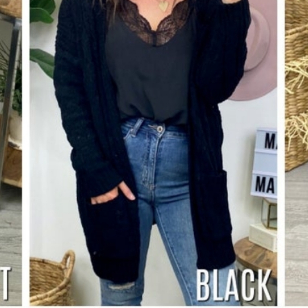 Chenille Cable Knit Oversized Open Front Cardigan Black